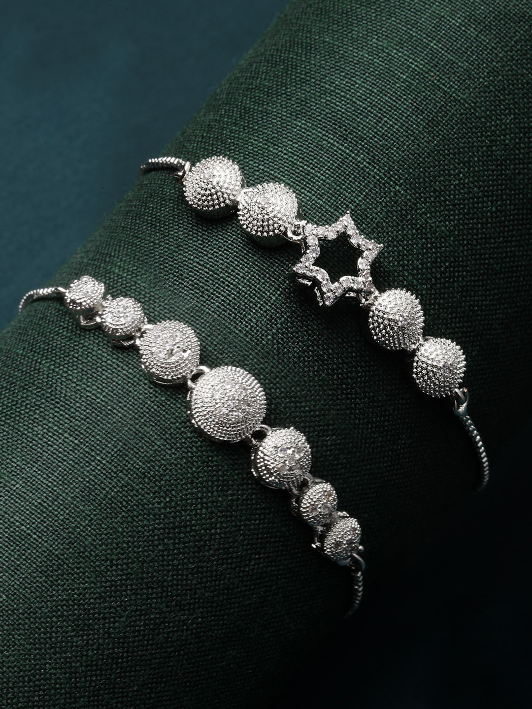 ZENEME Set Of 2 Rhodium-Plated White American Diamond Studded Wraparound Bracelet