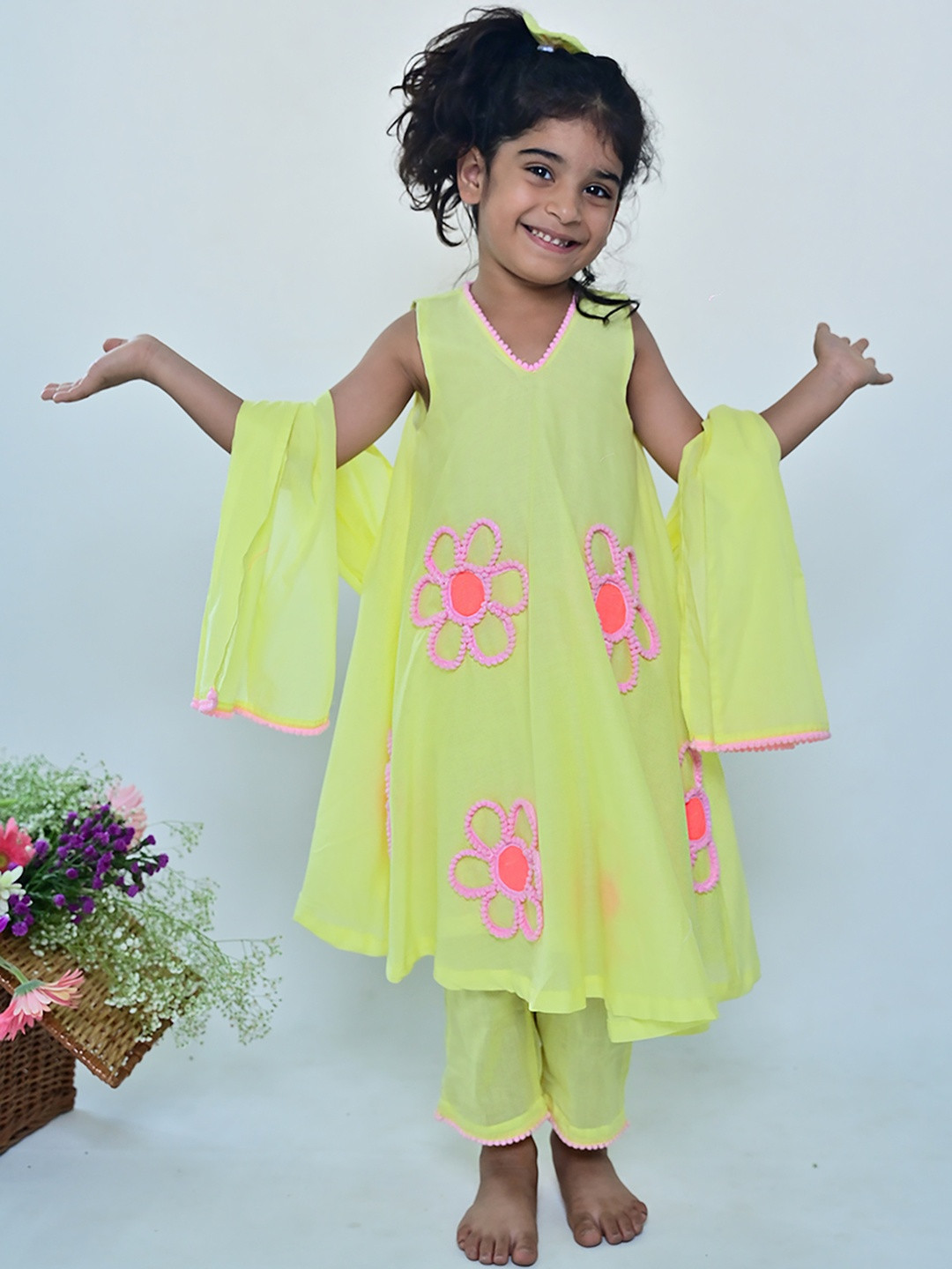 ArthLife Girls Yellow Embroidered A Line Kurti & Pant With Dupatta
