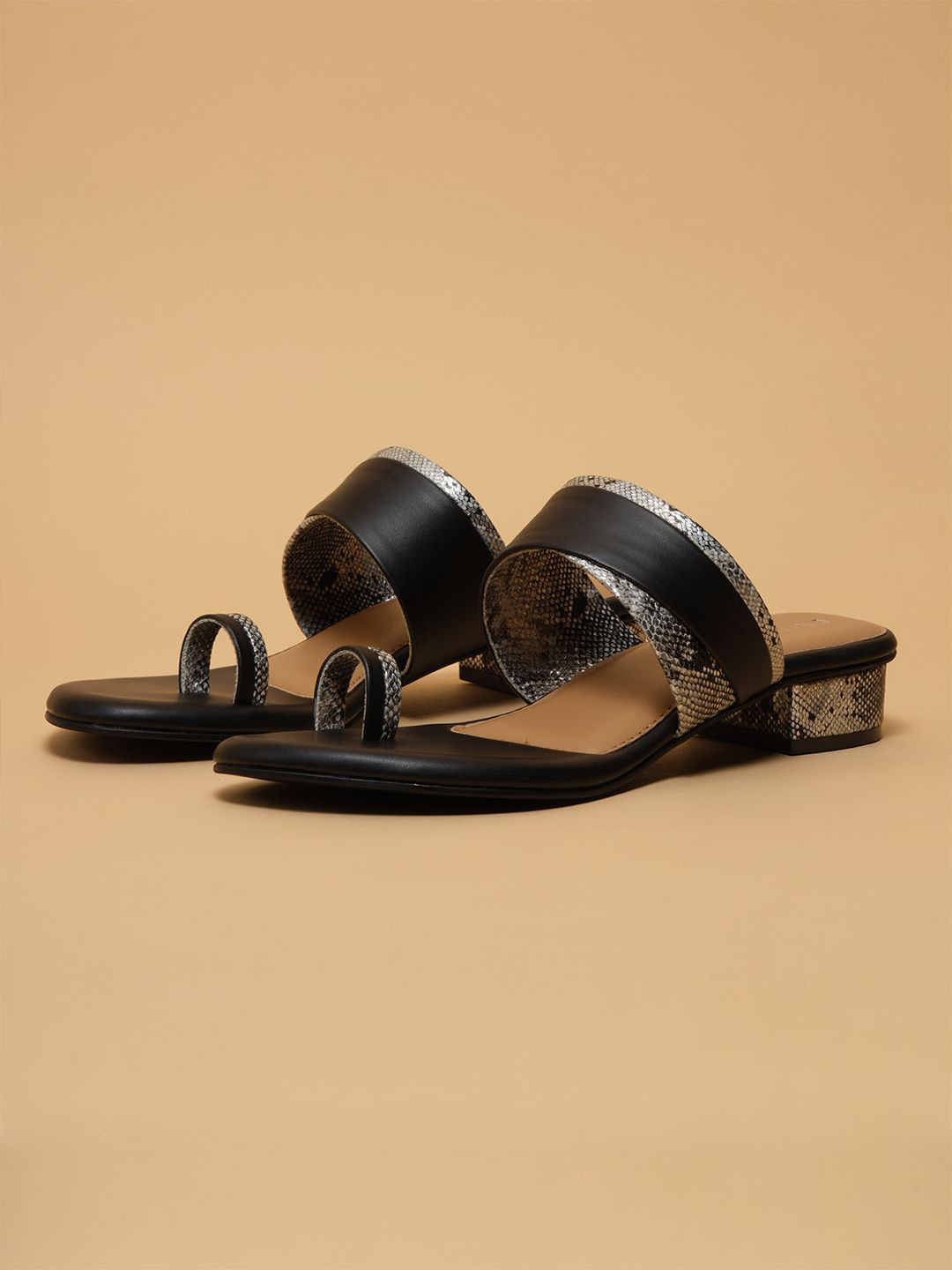 ERIDANI Roma Women Animal Skin Print Textured One Toe Block Heel Sandals