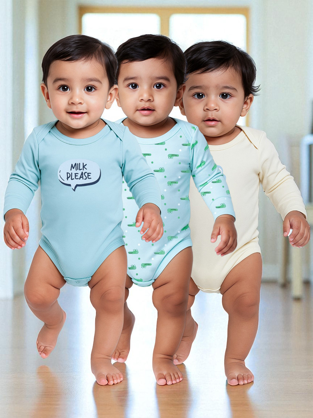 Nuego Infants Boys Pack Of 3 Animal Print Full Sleeve Pure Cotton Bodysuits