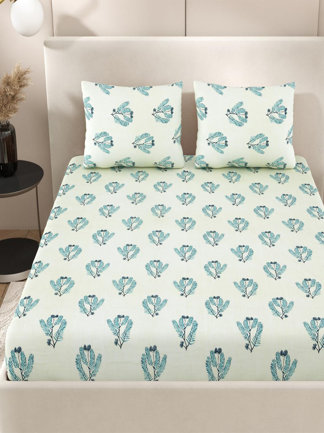 Jaipur Weaves Elena Fitted Teal Floral Cotton 240 TC Fitted King Fine Bedsheet with 2 Pillow Covers-274.32 x 274.32 cm