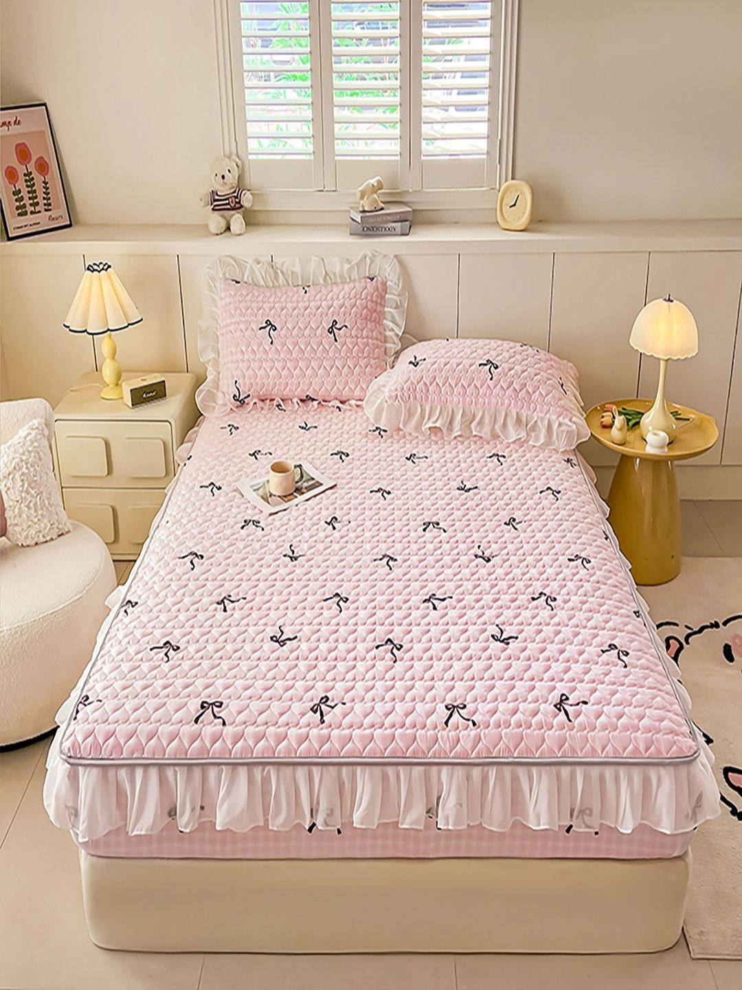 JC HOME Pink Printed 150 TC Fitted Double Queen Bedsheet Set 1.50 m x 2 m