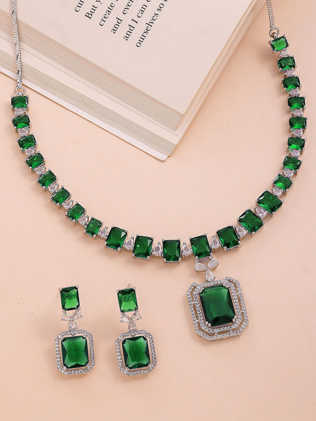 KARATCART Silver-Plated  Emerald-Cut American Diamond Jewellery Set