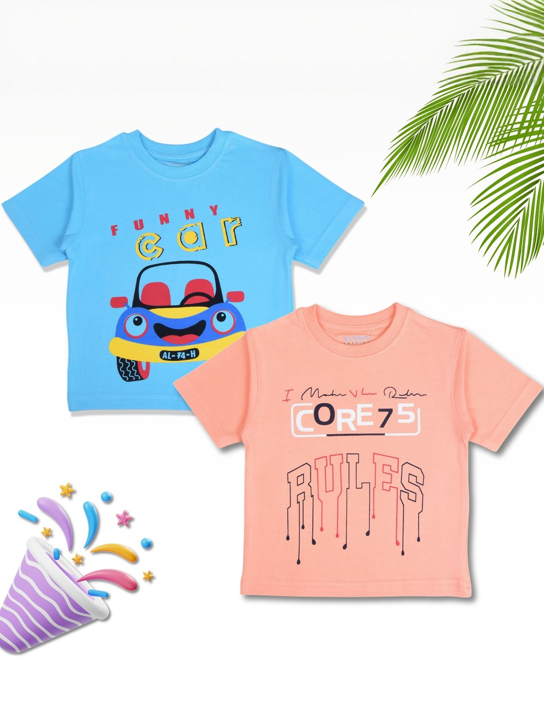 WORTON FASHION Unisex Kids Pack Of 2 Blue & Peach 2 Printed T-shirts