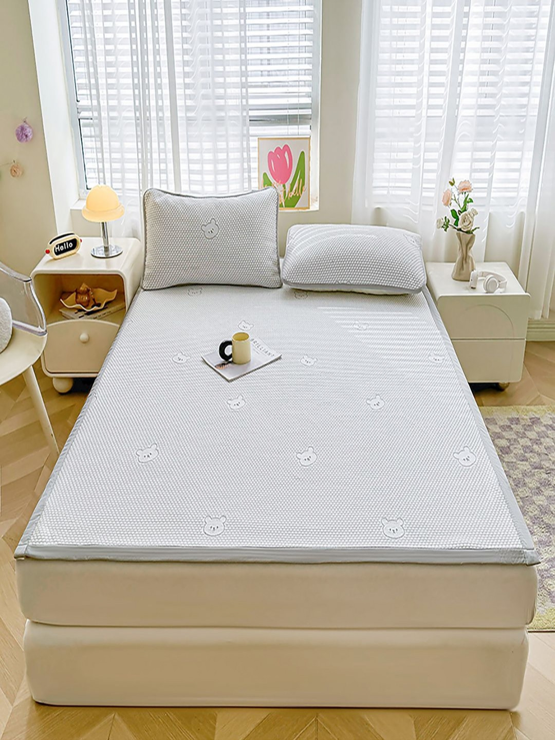 JC HOME Grey Self Design 140 TC Fitted Double King Bedsheet Set 1.80 m x 2 m