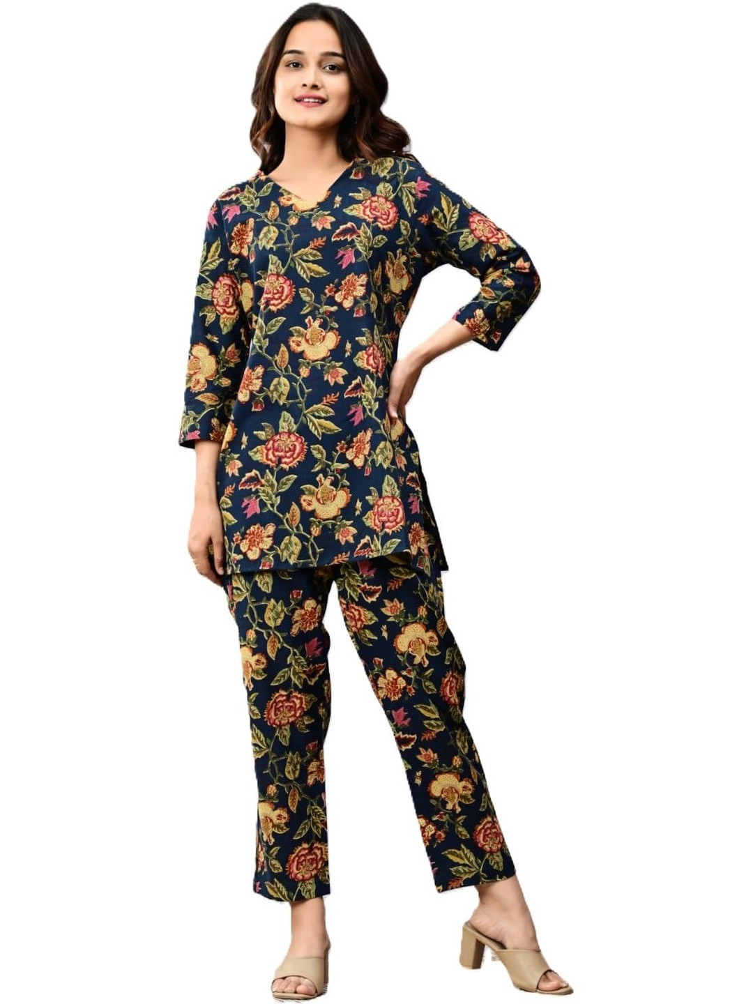 PUSHPRAJ FASHION Women's Floral Print Cotton Kurti & Pant Set || 3/4 Sleeve Top With Pants For Girls (IN, Alpha, L, Regular, Navy Blue)