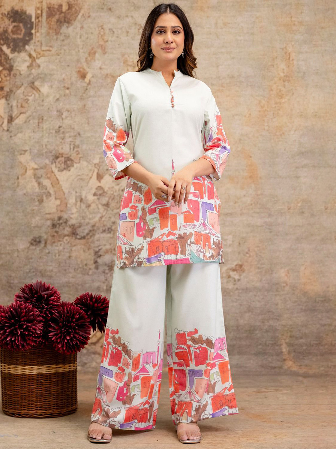 AUTUMN LANE Hardik Cameo Printed Mandarin Collar Linen Tunic With Trousers Co-Ords