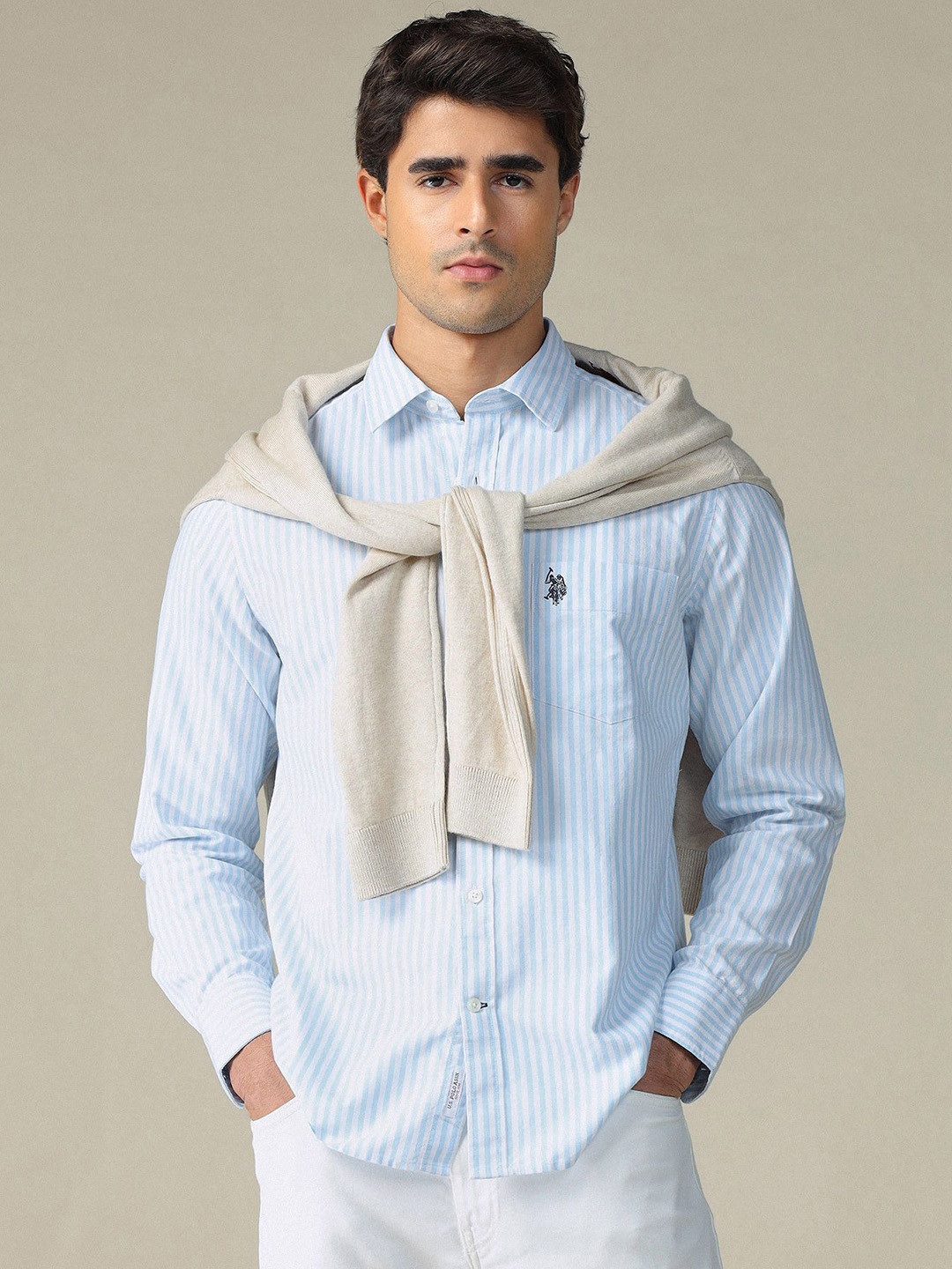 U.S. Polo Assn. Men Tailored Fit Vertical Striped Spread Collar Pure Cotton Casual Shirt