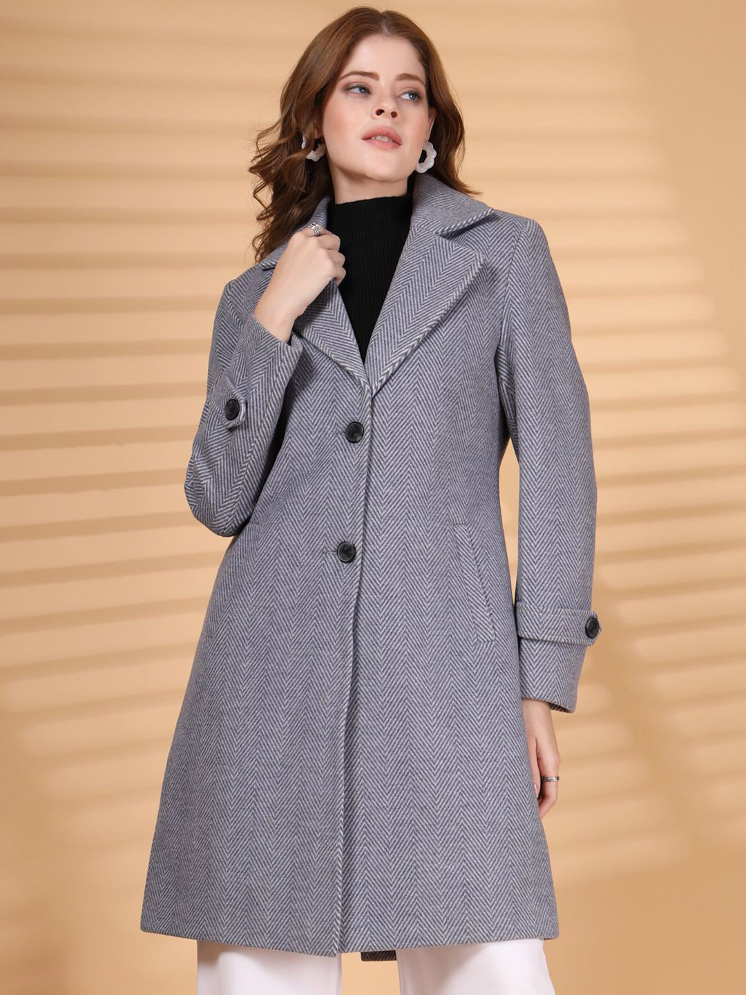 Thirty Threads Women Self Design Notched Lapel Collar Single-Breasted Long Overcoat