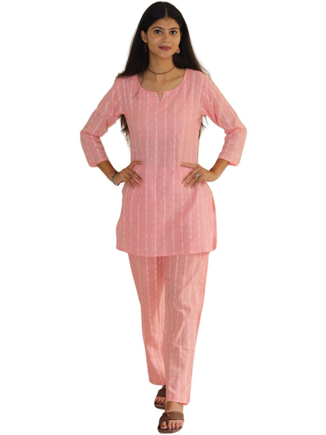 PUSHPRAJ FASHION Women's Cotton Round Neck 3/4 Sleeves Striped Pattern Printed Kurta Set (Light Pink -2XL)