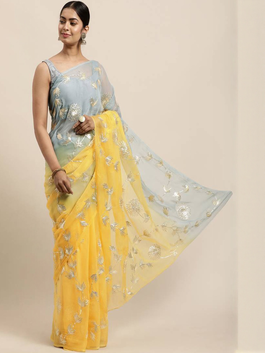 Yellow & Grey Floral Gota Patti Work Organza Silk Saree with Unstitched Blouse Piece