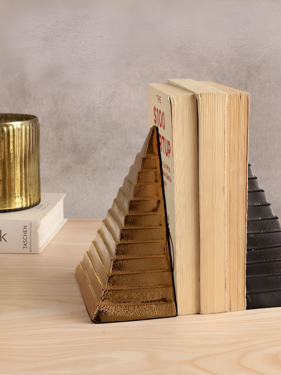 Decor de Maison Gold-Toned & Black Pyramidon Bookend Showpiece