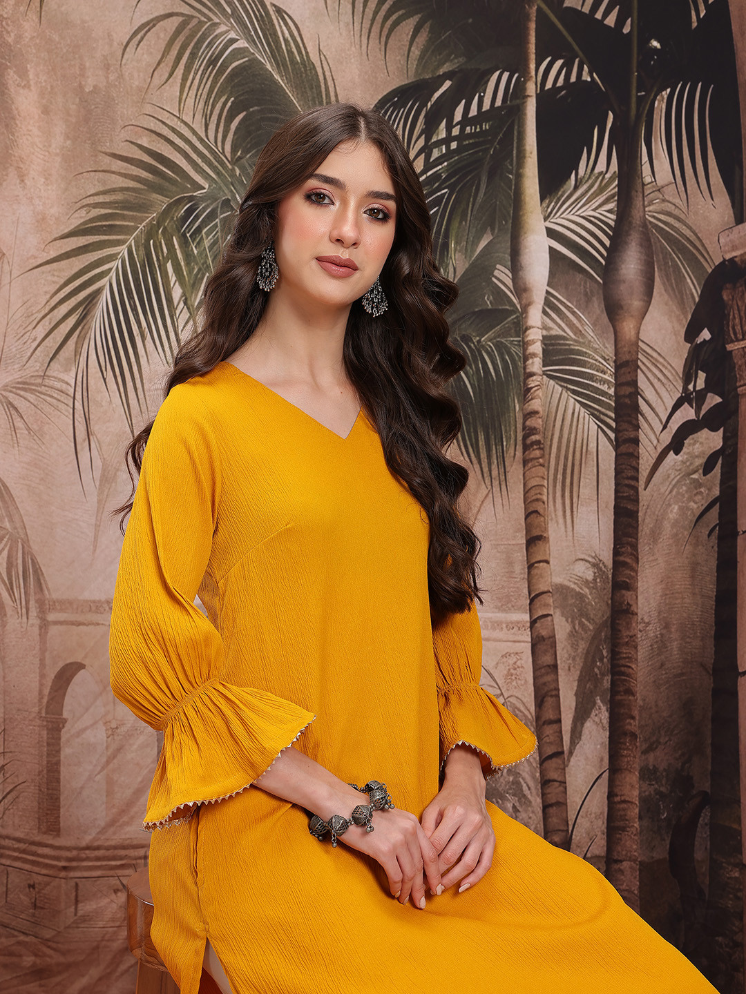 Sangria Crinkled Effect V-Neck Gotta Patti Detail Bell Sleeves A-Line Kurta