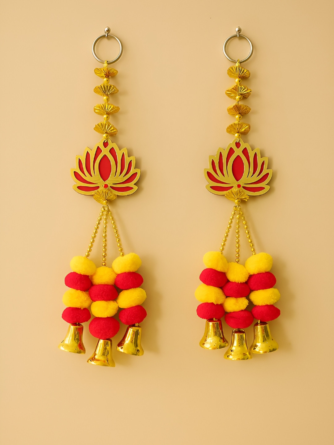 PUFFSMART 2-Pcs 18 Inch Red & Yellow Wooden Lotus Pom Pom Decorative Beaded Hanging