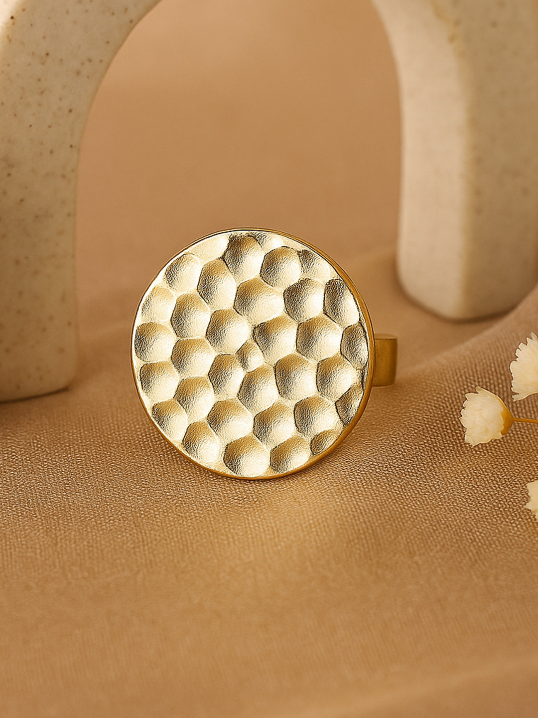 Estele Women Gold Plated Round Textured Finger Ring