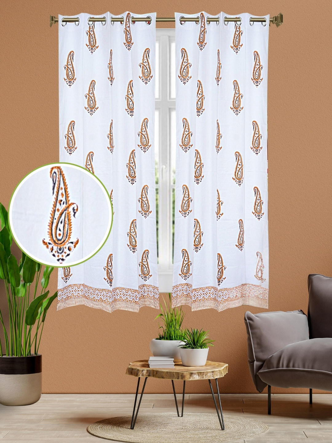 LIVING ROOTS White 2 Pieces Ethnic Motifs Block Printed Elegant Cotton Window Curtains