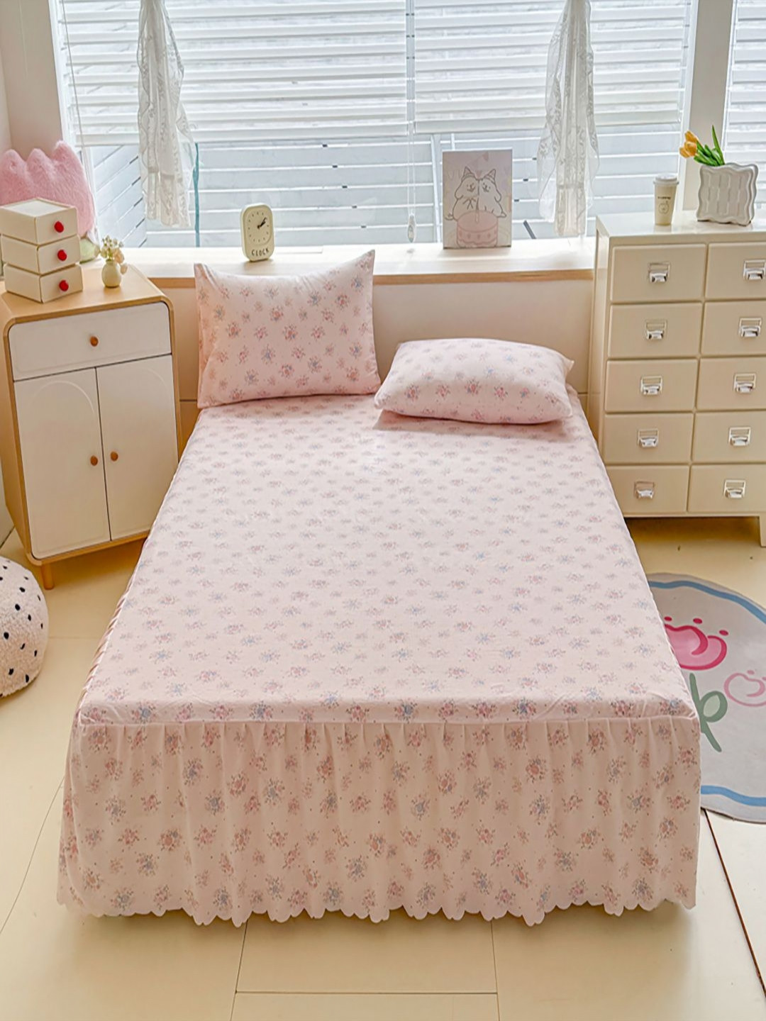 JC HOME Pink Floral 140 TC Cotton King Size Bedsheet Set - 2.00 x 2.20m