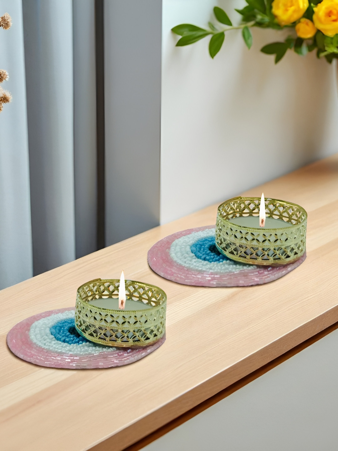 GADINFASHION Blue & Green 2 Pieces Circular T-Light Candle Holders