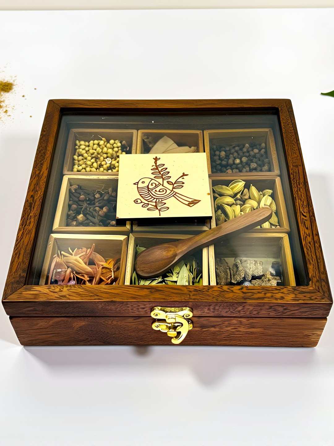 Angira handicrafts Brown Wooden Dishwasher & Microwave Safe Masala Spice Box