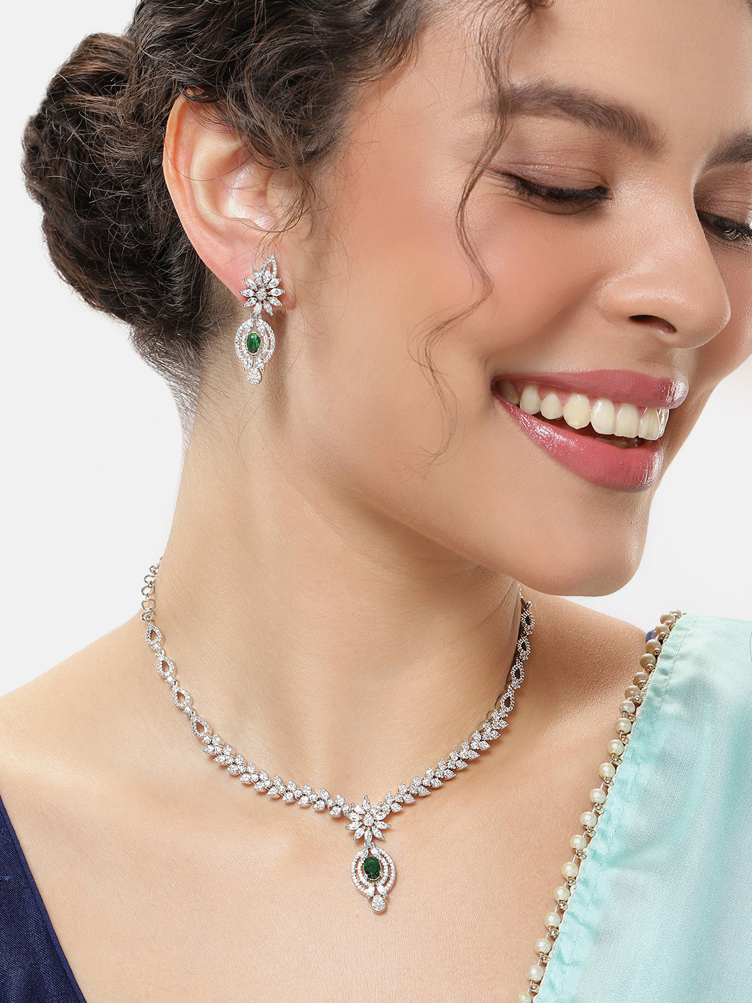 VIVAZS Silver-Plated Emerald AD Studded Jewellery Set