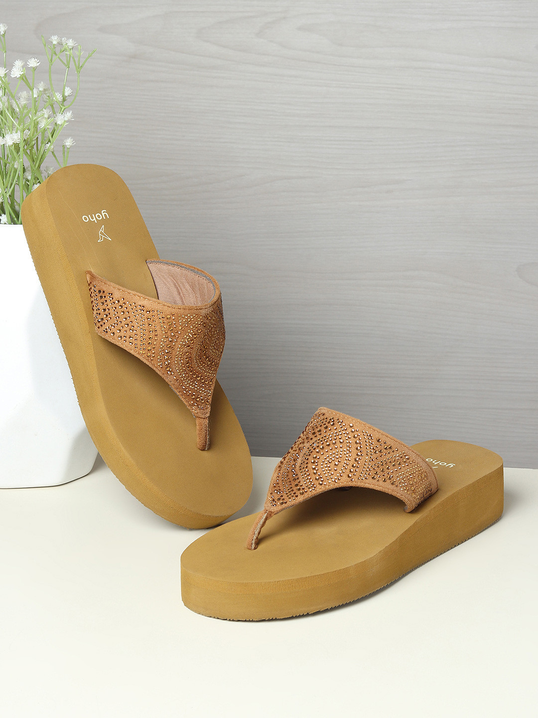 yoho Women SDL 107 Embellished Wedge Platform Thong Flip Flops