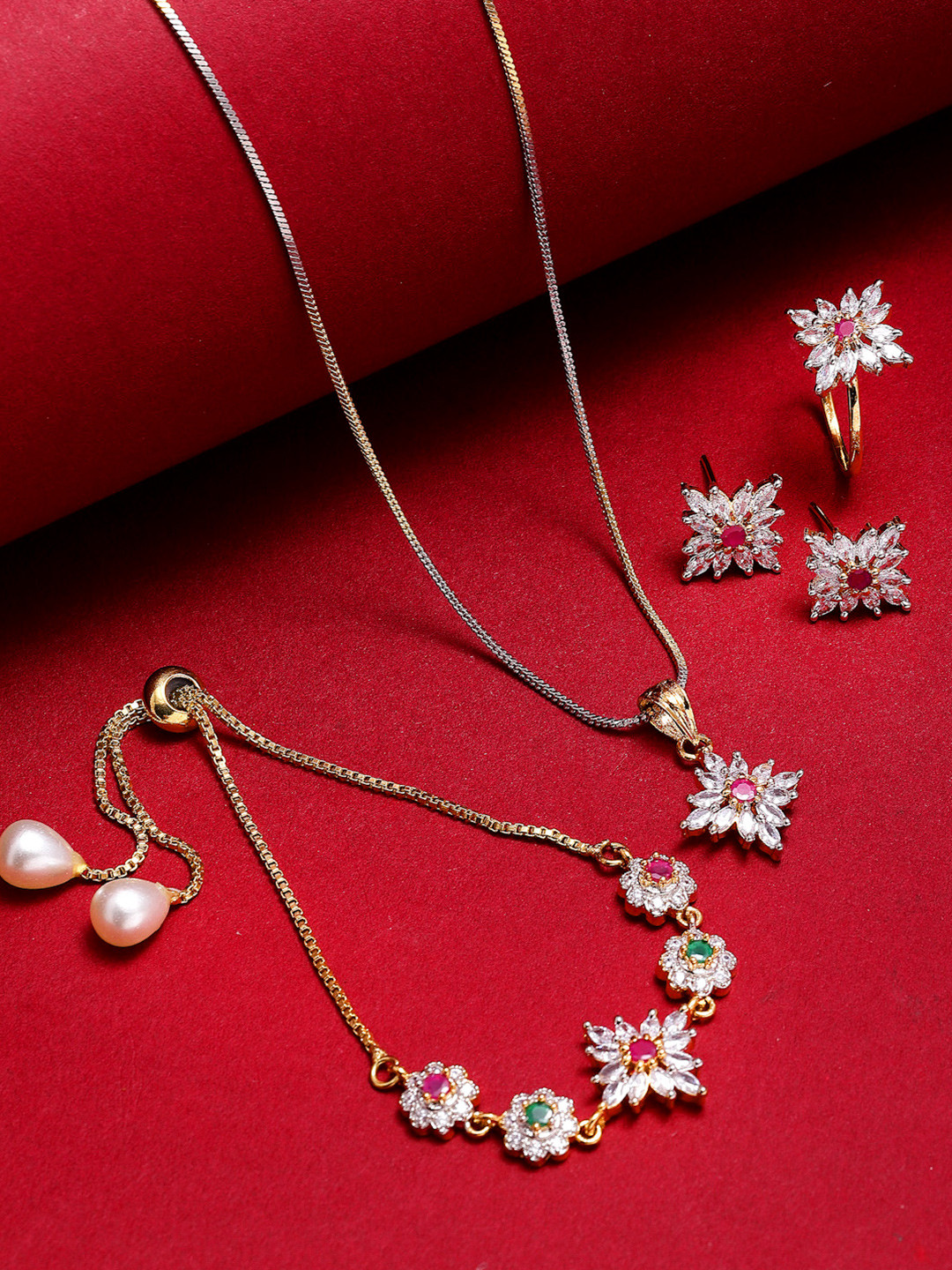 ZENEME Gold-plated Asscher Shaped American Diamond Studded Pendant Set