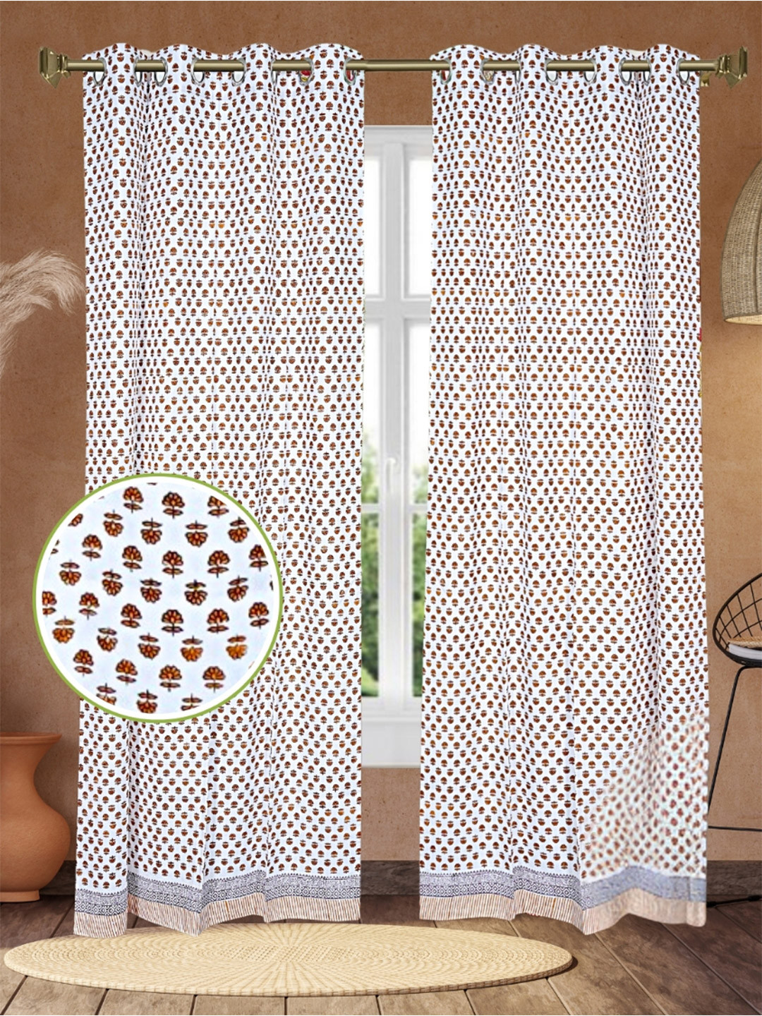 LIVING ROOTS White 2 Pieces Floral Block Printed Elegant Cotton Door Curtains With Ring