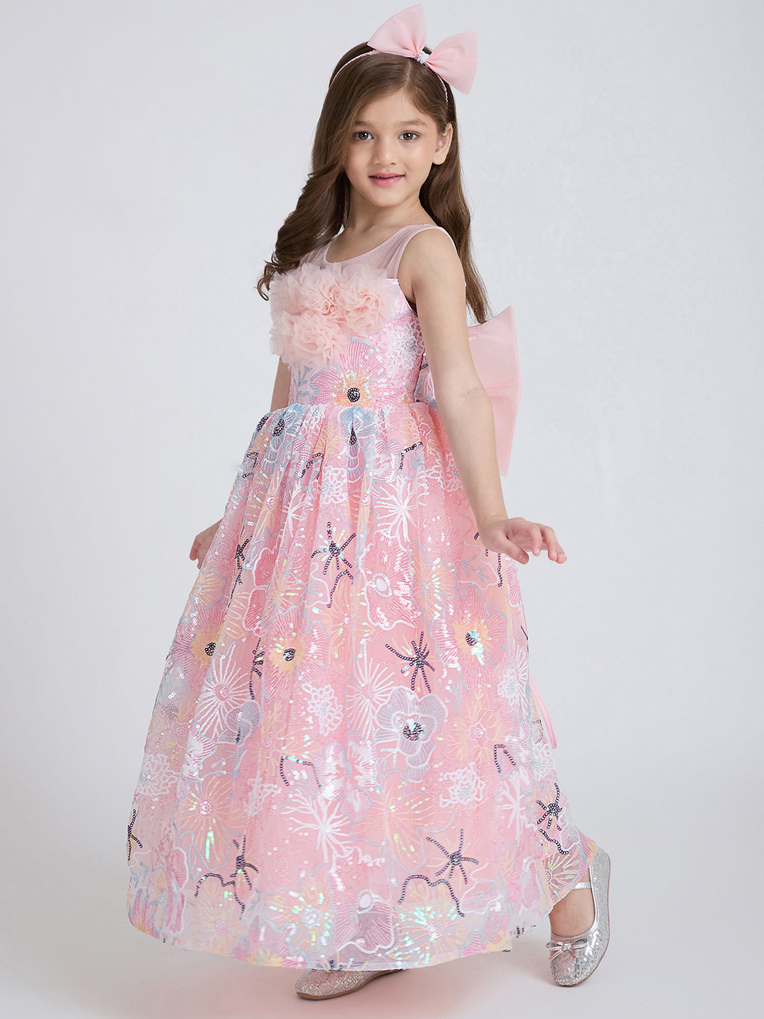 Hopscotch Kids Girls Pink Sequin Embellished Balloon Gown With Bow & Headband