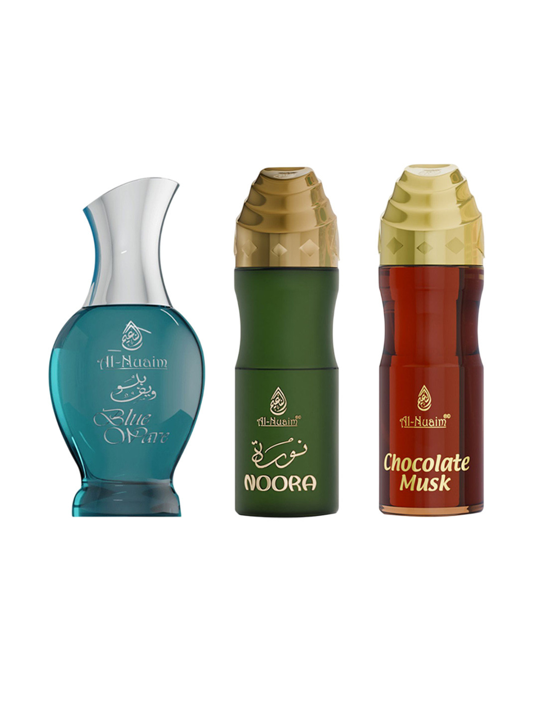 Al-Nuaim 3Pcs Alcohol Free Roll On Attar 20ml Each - Chocolate Musk, Noora & Blue Wave