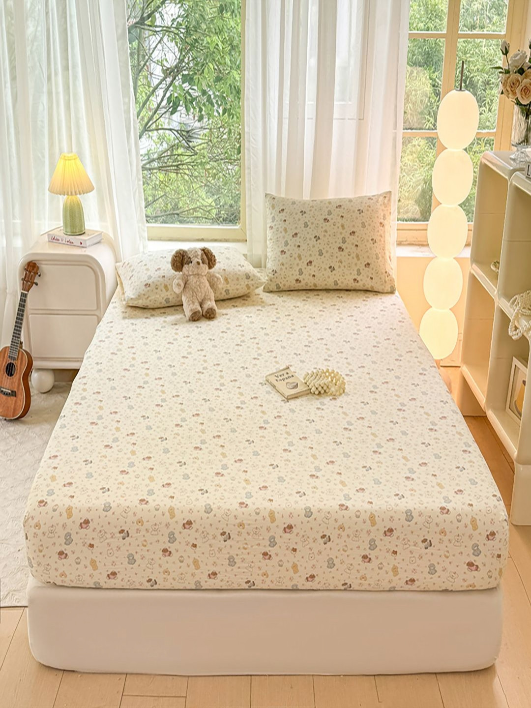 JC HOME Yellow 140 TC Fitted Double King Bedsheet Set 1.80 m x 2 m