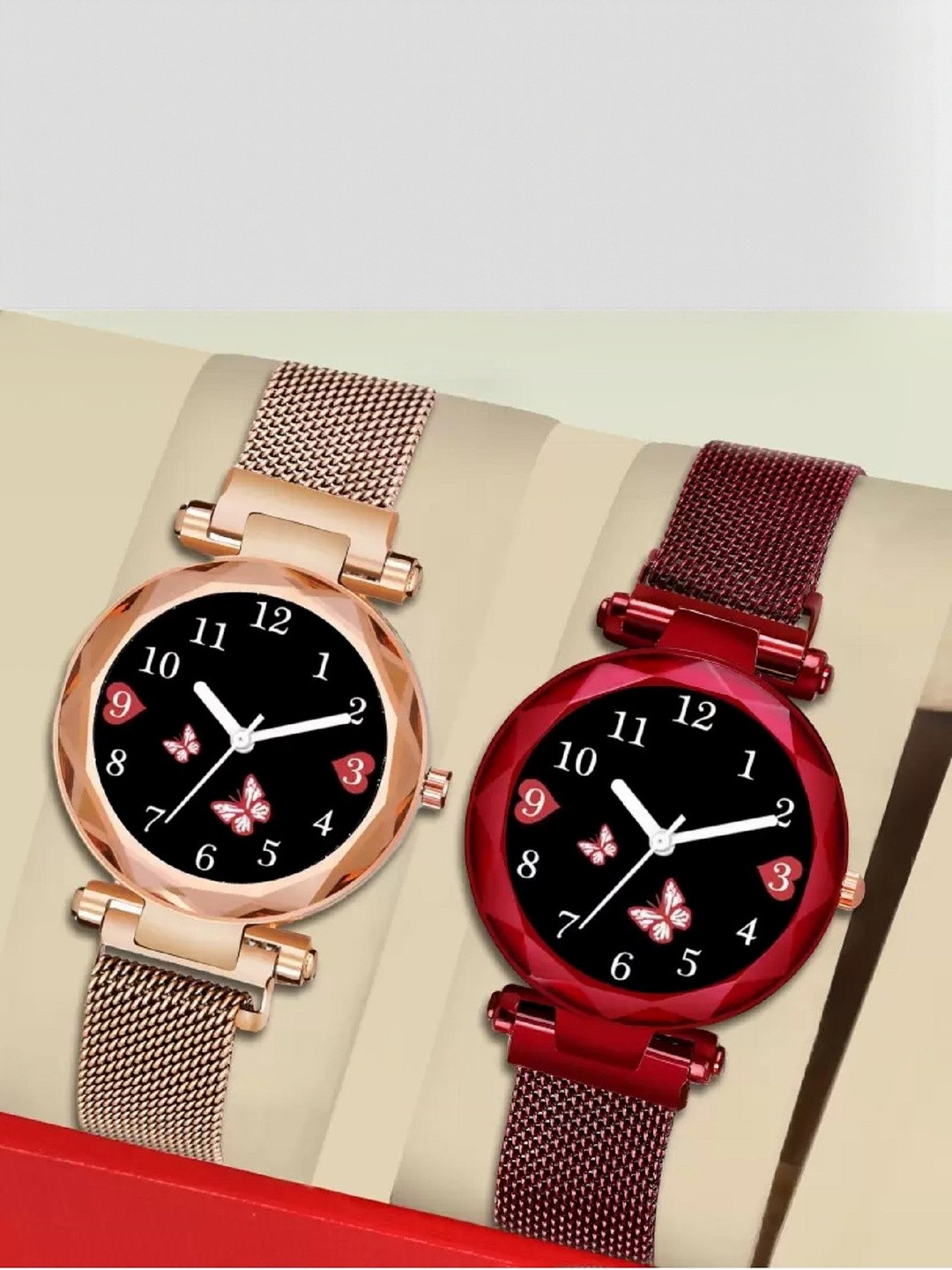 SZN Women Pack Of 2 Dial & Leather Straps Analogue Watches Mag Flower Gold+RedSZNN