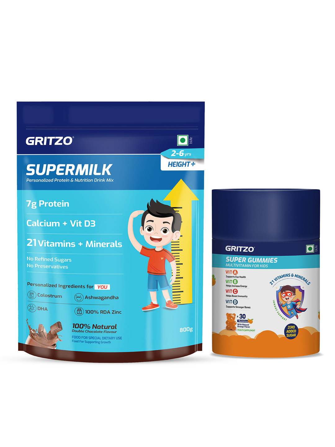 Gritzo Set Of 2 Supermilk Height+ 1 Kg - Double Chocolate & Super Gummies 30 Nos - Orange