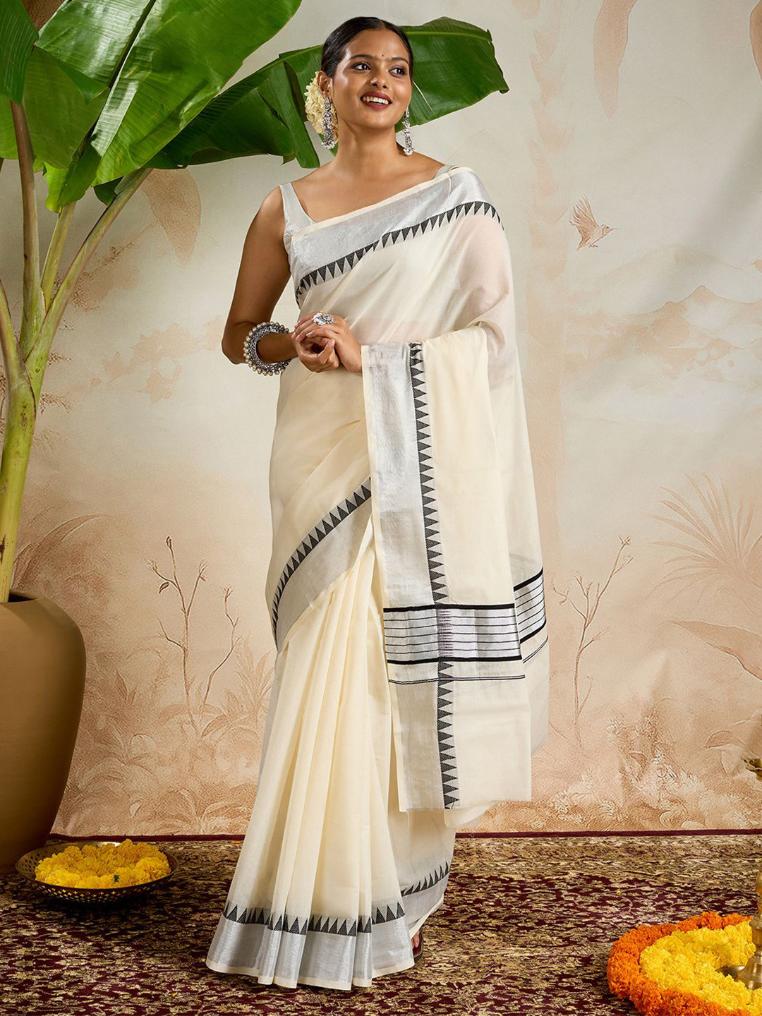 TEEJH Parinay Geometric Woven Design Zari Pure Cotton Kasavu Saree