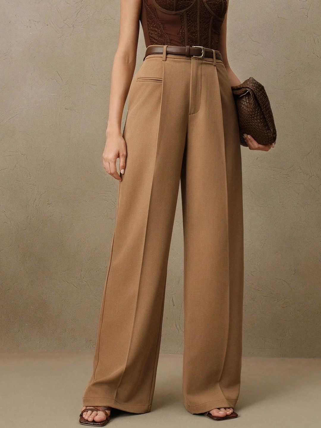 FNOCKS Women Relaxed Straight Leg High-Rise Pleated  Wide-Leg Baggy Pants