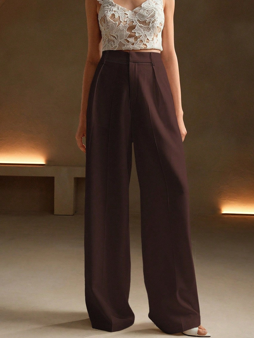 FNOCKS Women Relaxed Pleated High-Waisted Wide-Leg Korean Pants