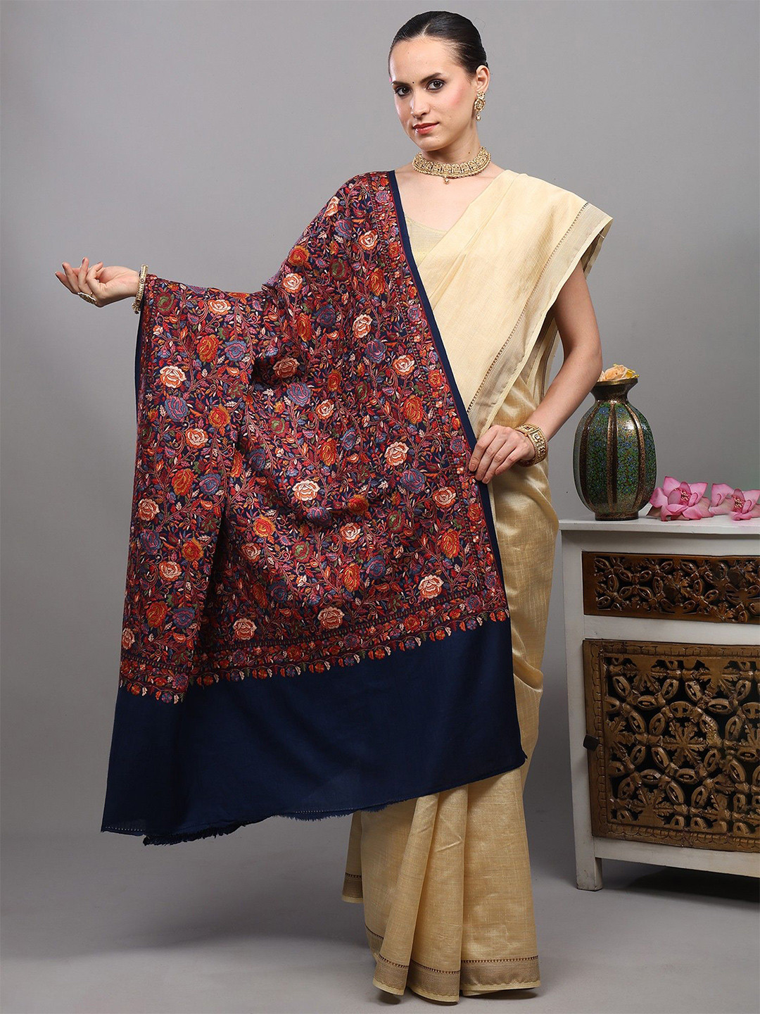 Exotic India Floral Vines Embroidered Pure Wool Shawl From Punjab With Intricate