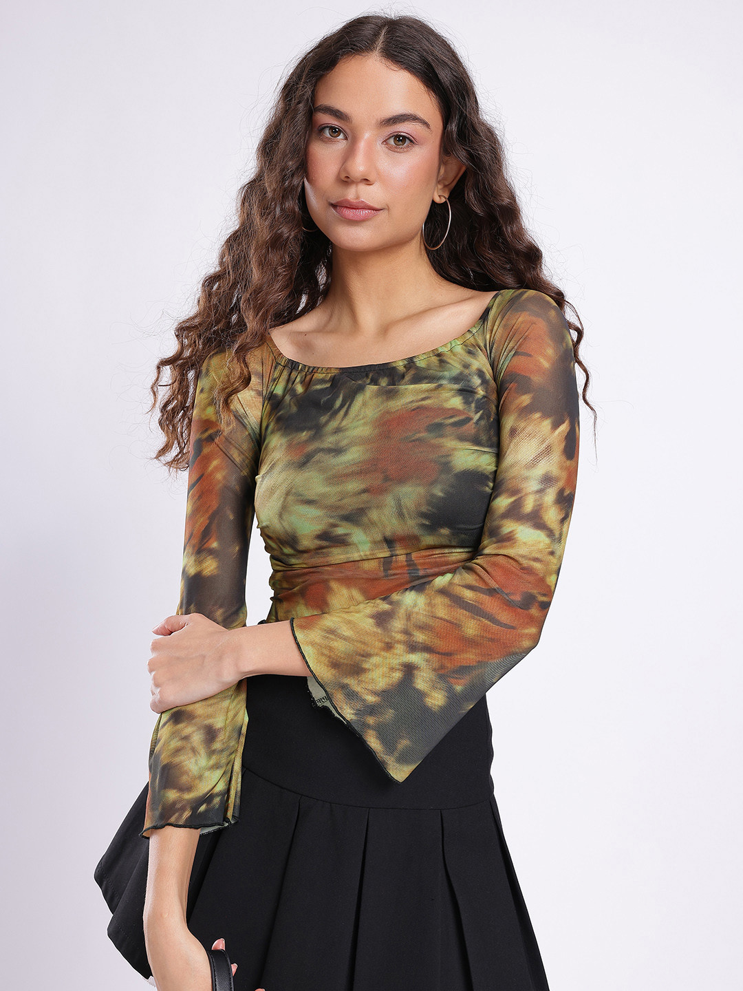 glitchez Abstract Printed Square Neck Flared Sleeves Ruched Fitted Crop Top