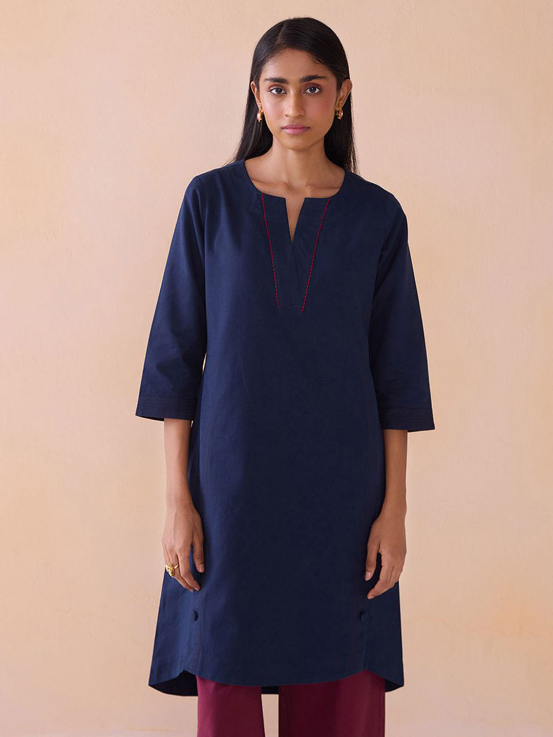 Ancestry Notch Neck Thread Work Linen A-Line Kurta
