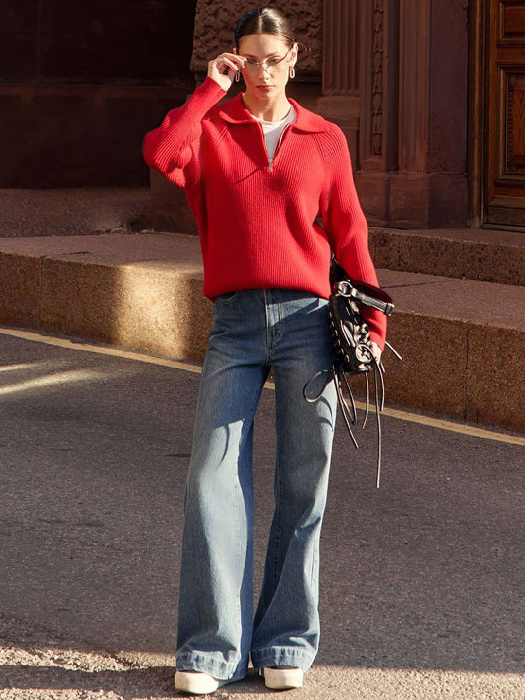 Outzidr Women Shirt Collar Ribbed Collared Zip Up Sweater