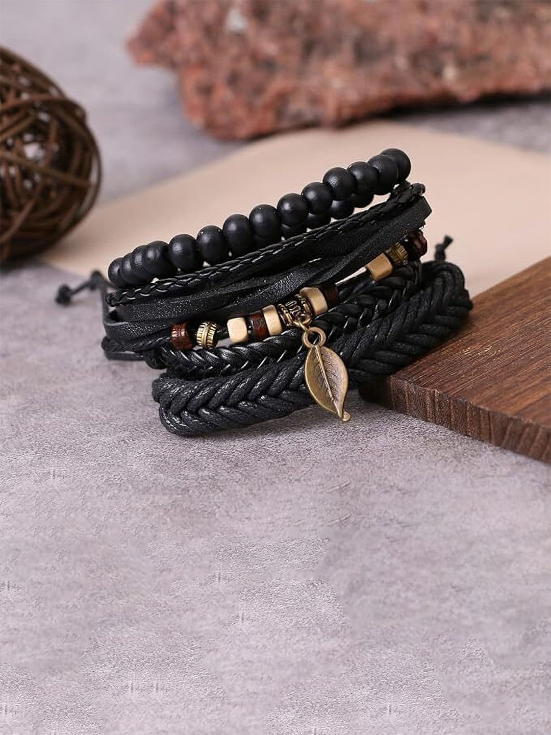 Ringzinnie Unisex Set Of 4 Artificial Beaded Leather Wraparound Bracelets