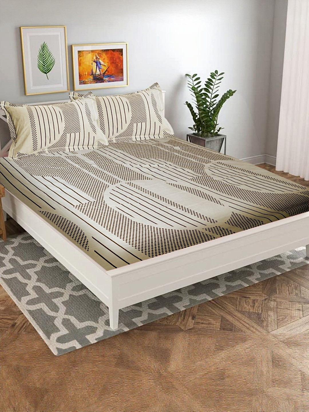 Wee Hours Grey & Cream-Coloured Geometric 350 TC Queen Bedsheet with 2 Pillow Covers