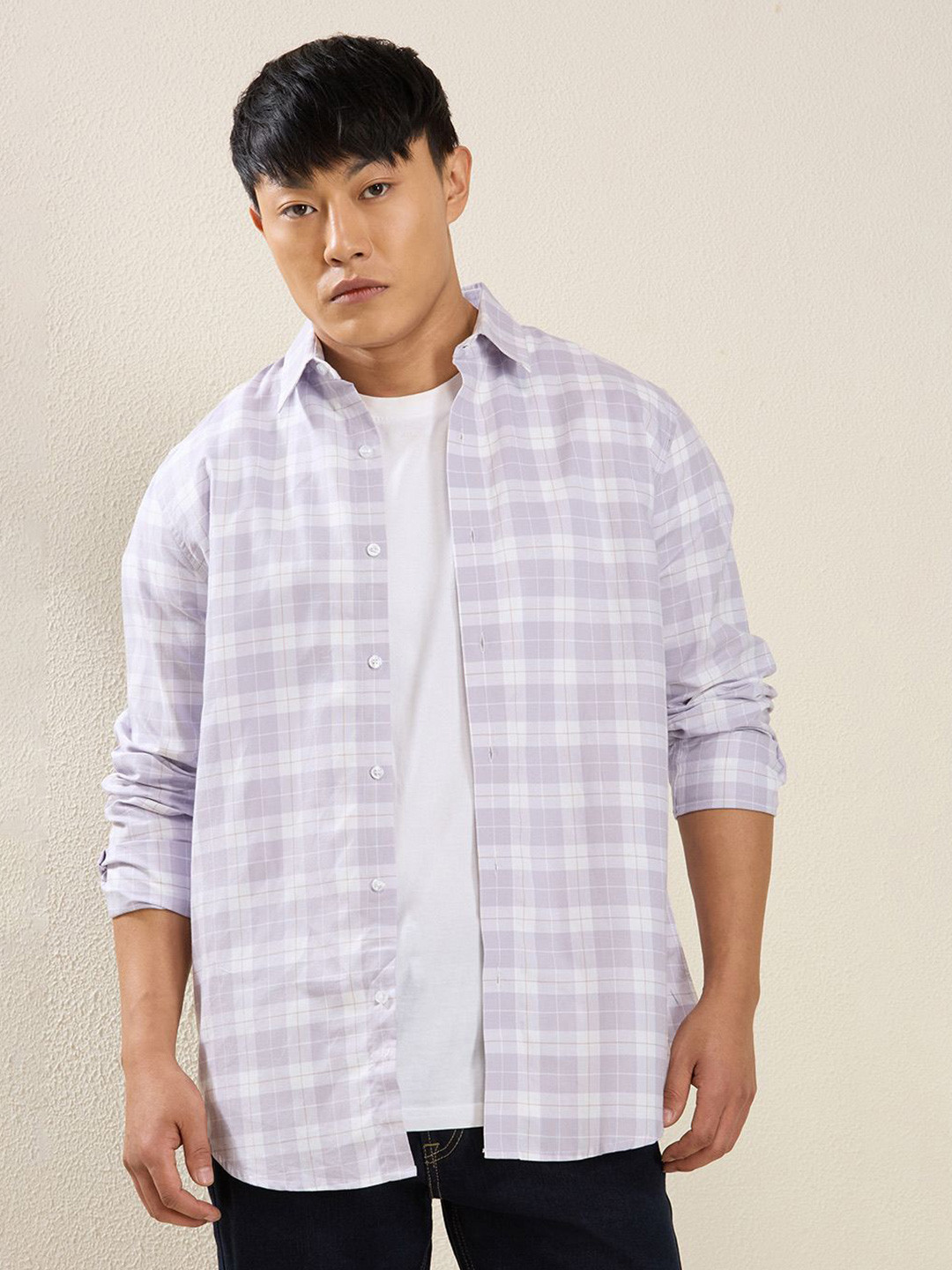 MARK & ALBERT Tartan Checked Spread Collar Pure Cotton Slim Fit Shirt