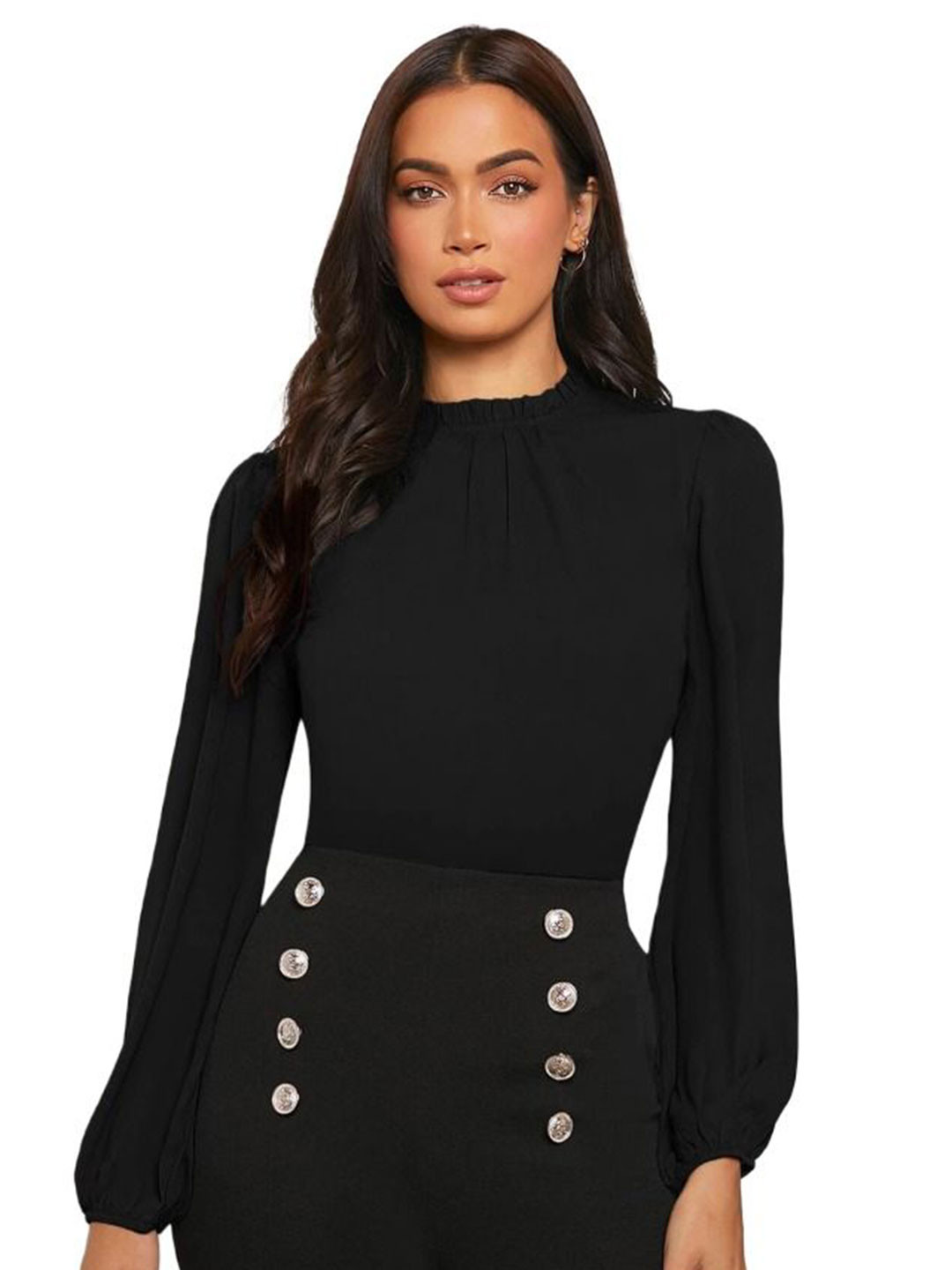 FNOCKS Women Ruffles High Neck Cotton Fitted Regular Top
