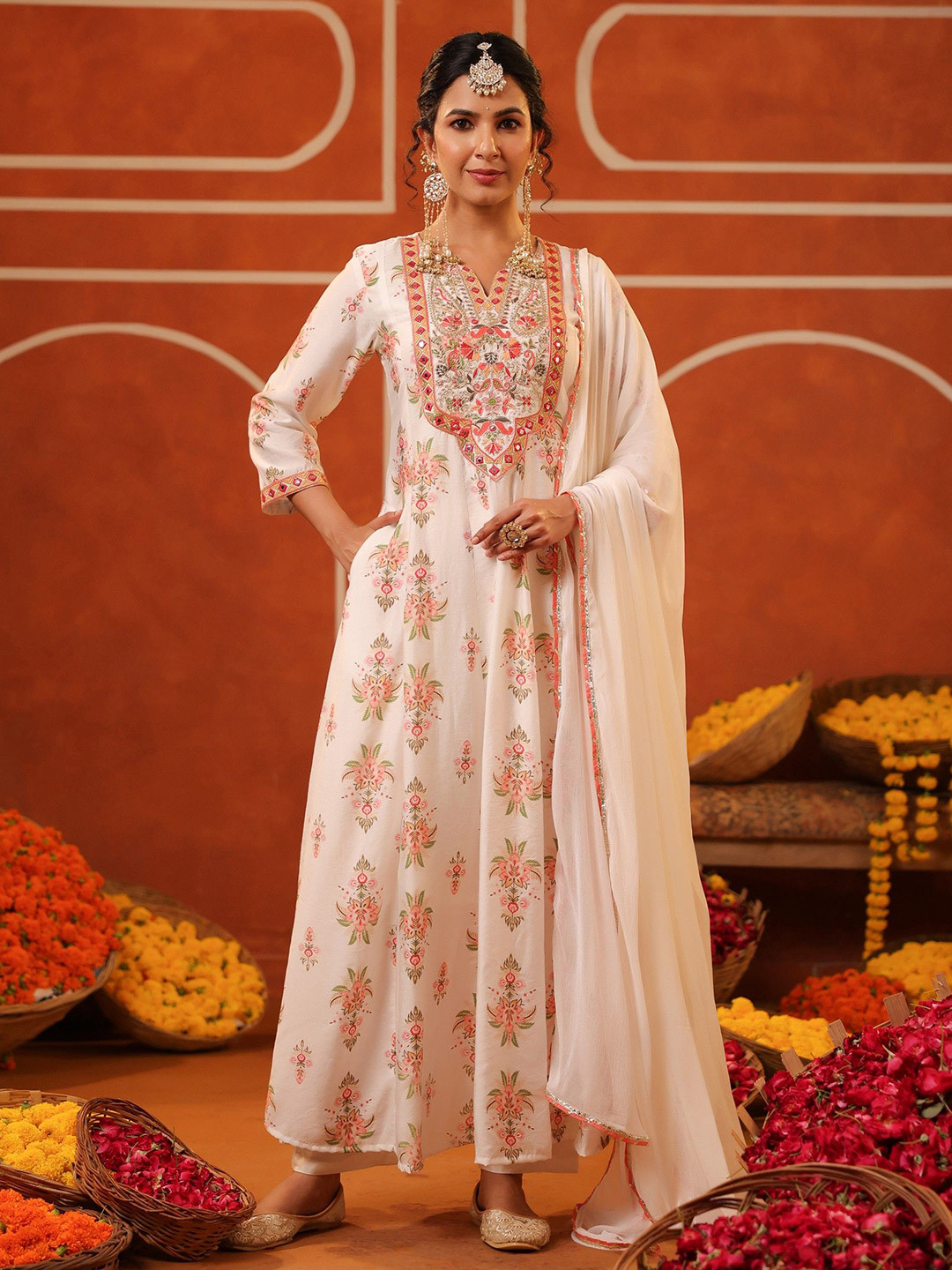 SCAKHI Women Ivory Floral Embroidered Anarkali Kurta Set With Dupatta