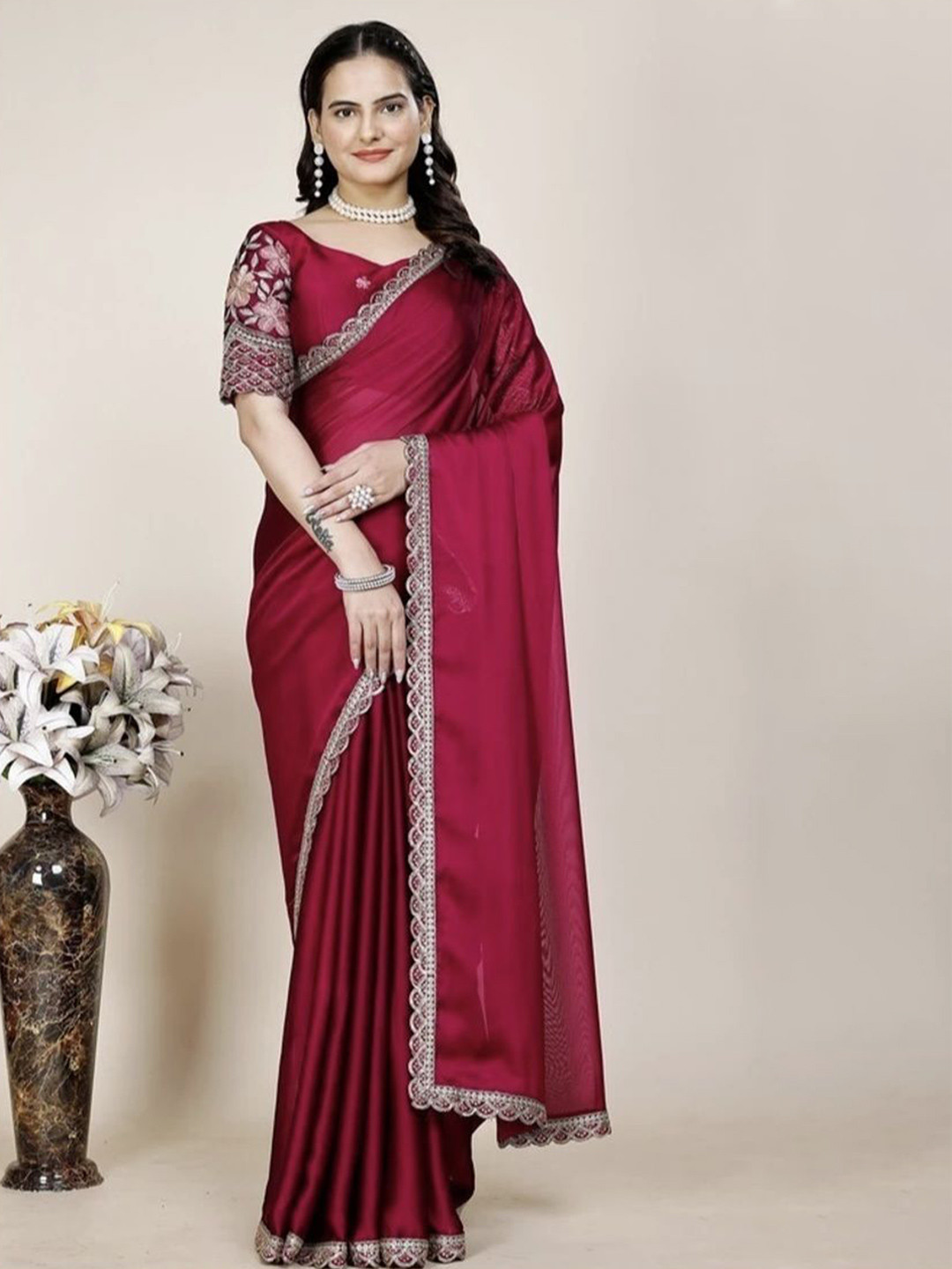 ONTIC LIFESTYLE Embroidered Border Pure Georgette Chanderi Saree