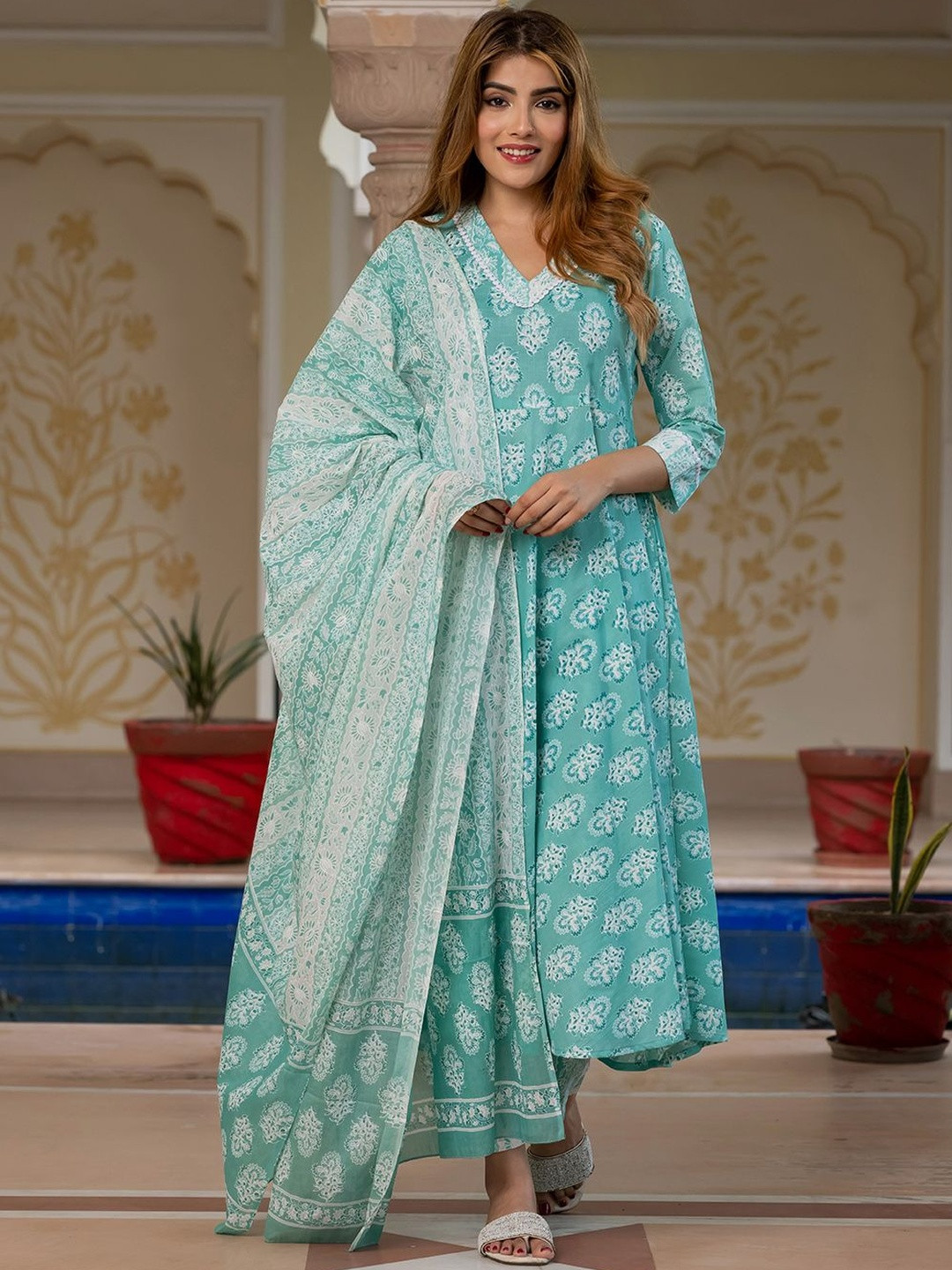 KALINI Women Turquoise Floral Print Anarkali Kurta Set with Dupatta