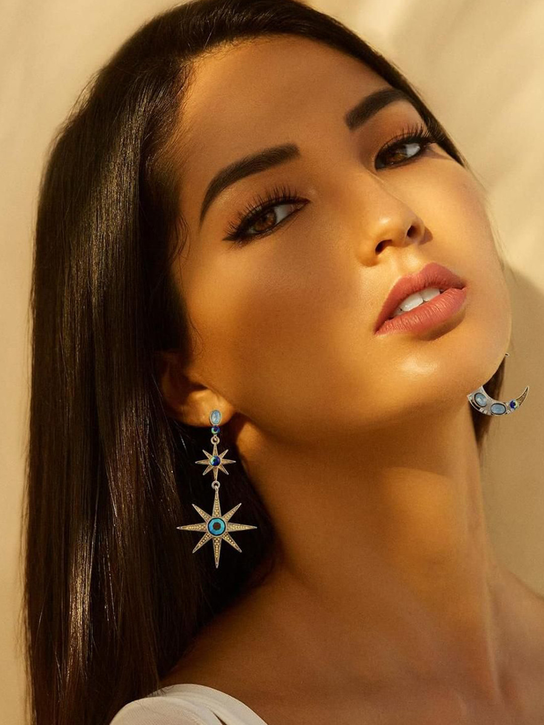 EL REGALO Artificial Stones Studded Crescent Shaped Mismatch Drop Earrings