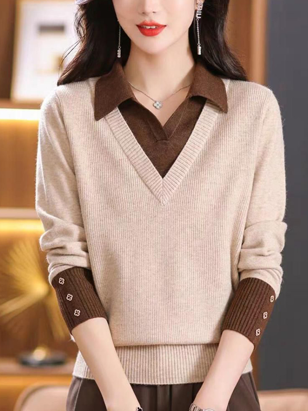 StyleCast Women Beige Ribbed V-Neck Long Sleeve Top