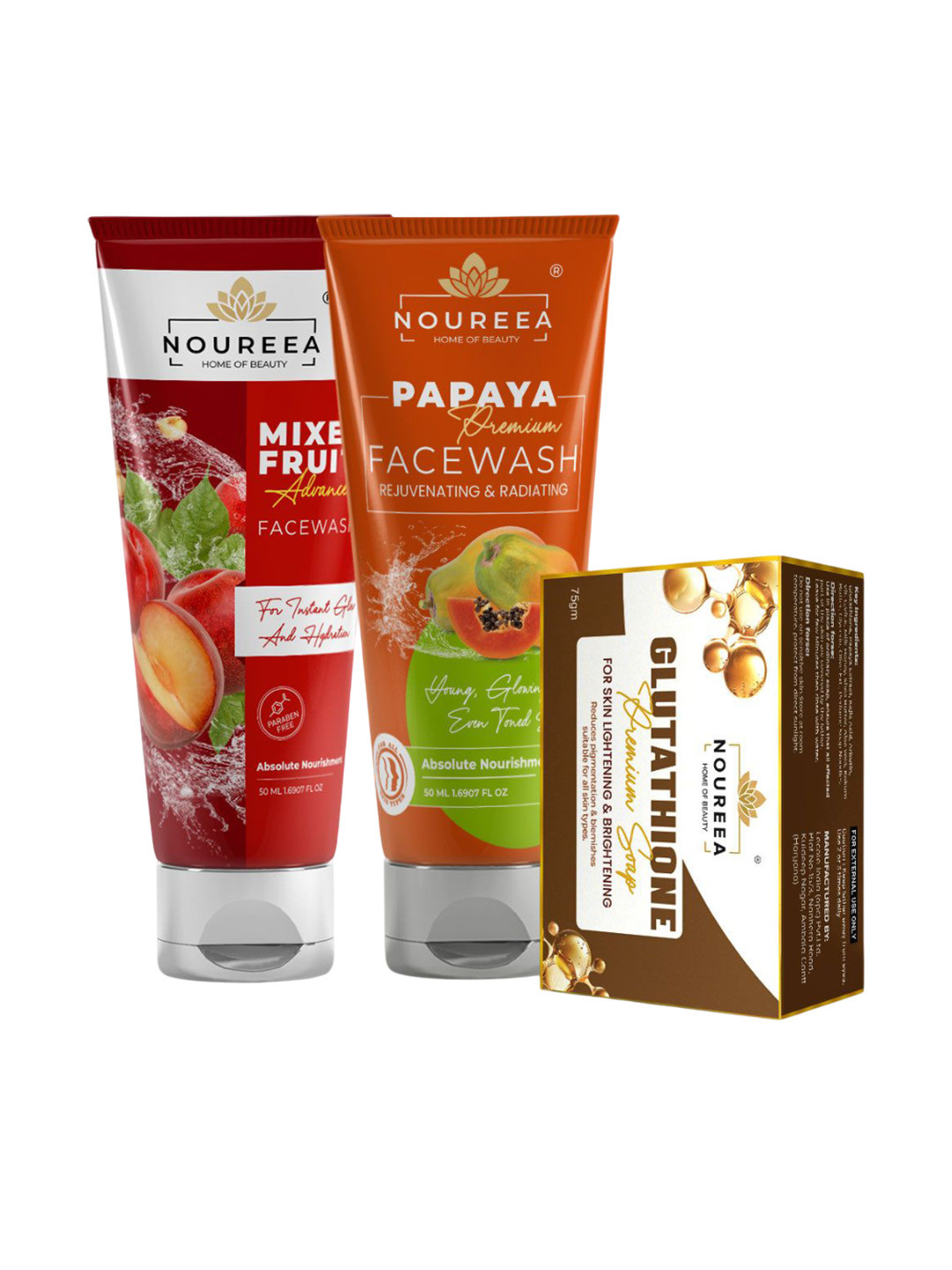 Noureea Set Of 3 Mixed Fruit & Papaya Facewash - 50 ml Each & Glutathione Soap - 75 g