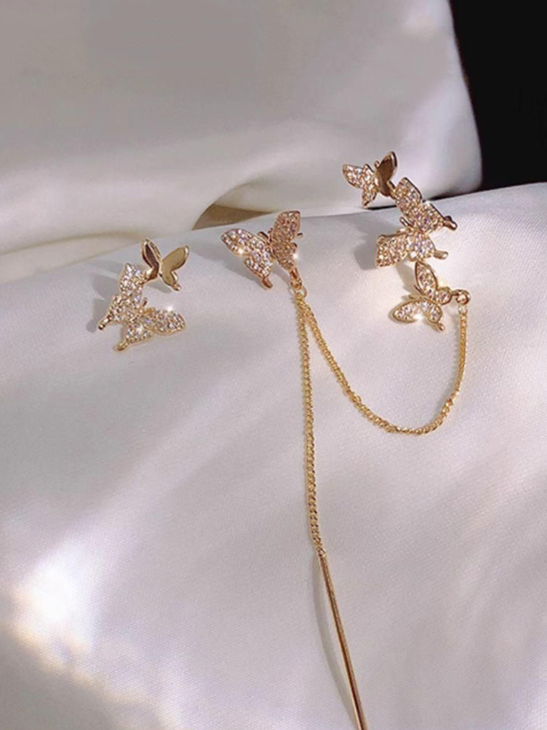 Estailo fashion Artificial Stones Studded Butterfly Shaped Drop Earrings With Ear cuff